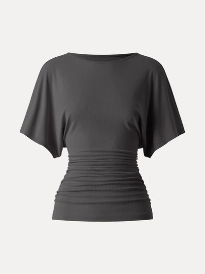 Effortless Boatneck Batwing Sleeve Side Ruched Top