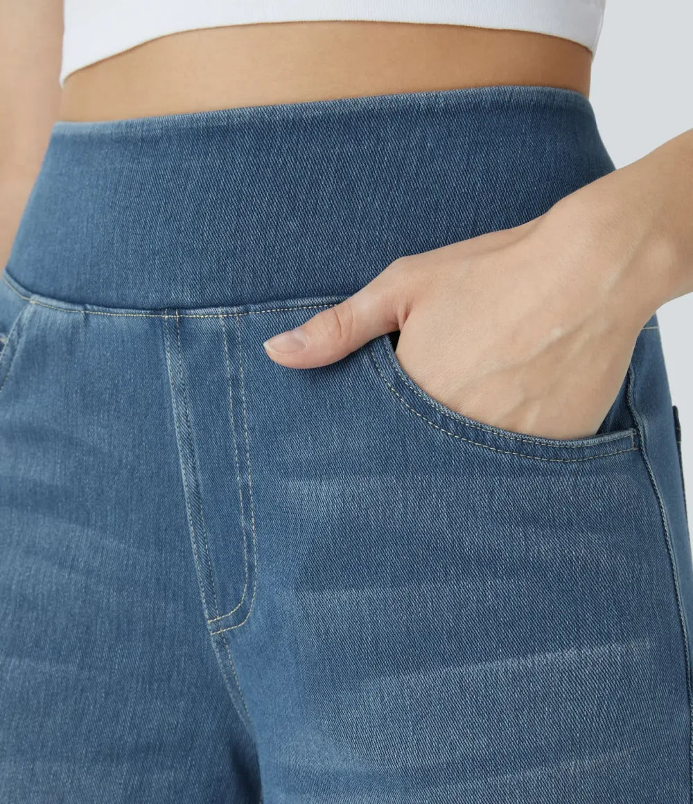 💝Last Day Promotion⚡High Waisted Multiple Pockets Baggy Wide Leg Washed Stretchy Knit Casual Jeans