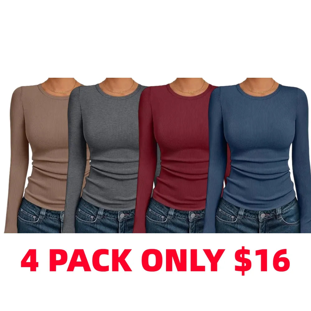 🔥8- PACK Women's Long Sleeve Blouses Shirts with Ribbed Knit Work Office Basic Tops