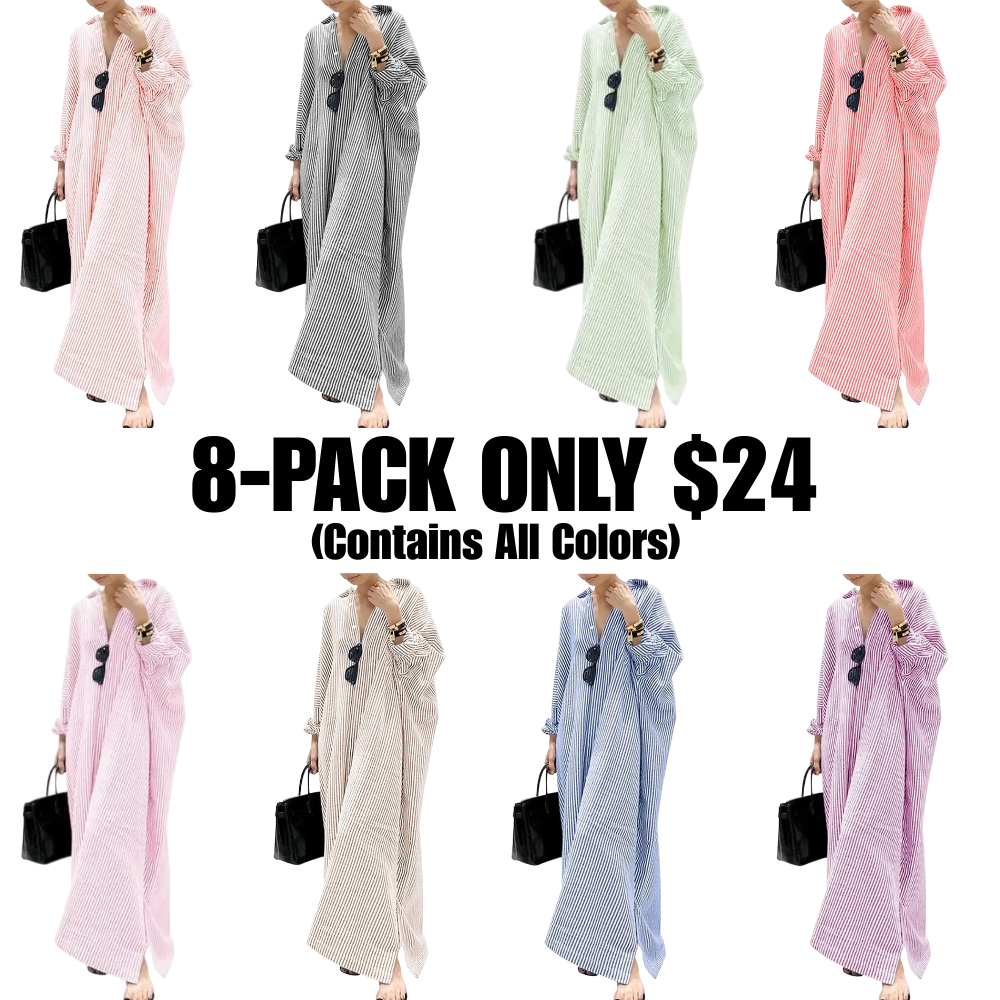 Women's Casual Long Sleeve Button Down Loose Striped Cotton Maxi Shirt Dress