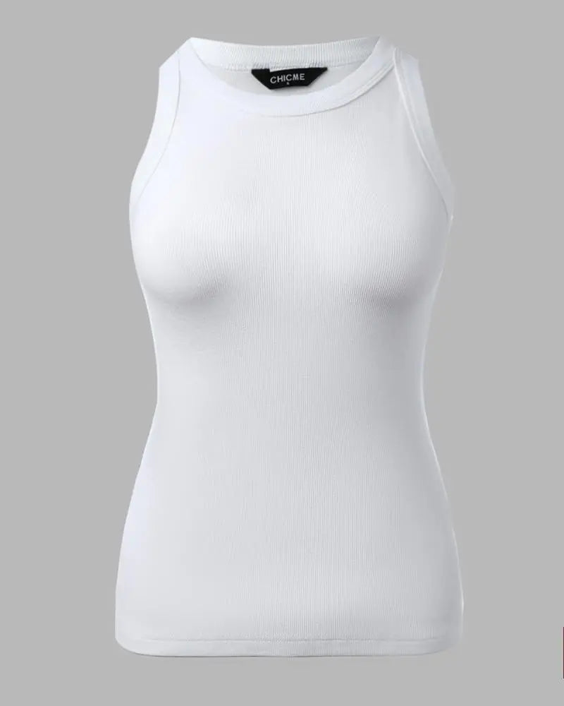 O-Neck Knit Sleeveless Basic Slim Fit Tummy Control Tank Casual Top(Without Pads)