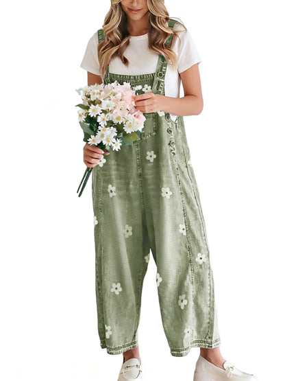 🔥Flash Sale🔥Women's Floral Printed Adjustable Strap Denim Bib Overall - Cute Chic Wide Leg Baggy Jeans Jumpsuit, Versatile Clothes for Matching Shirts