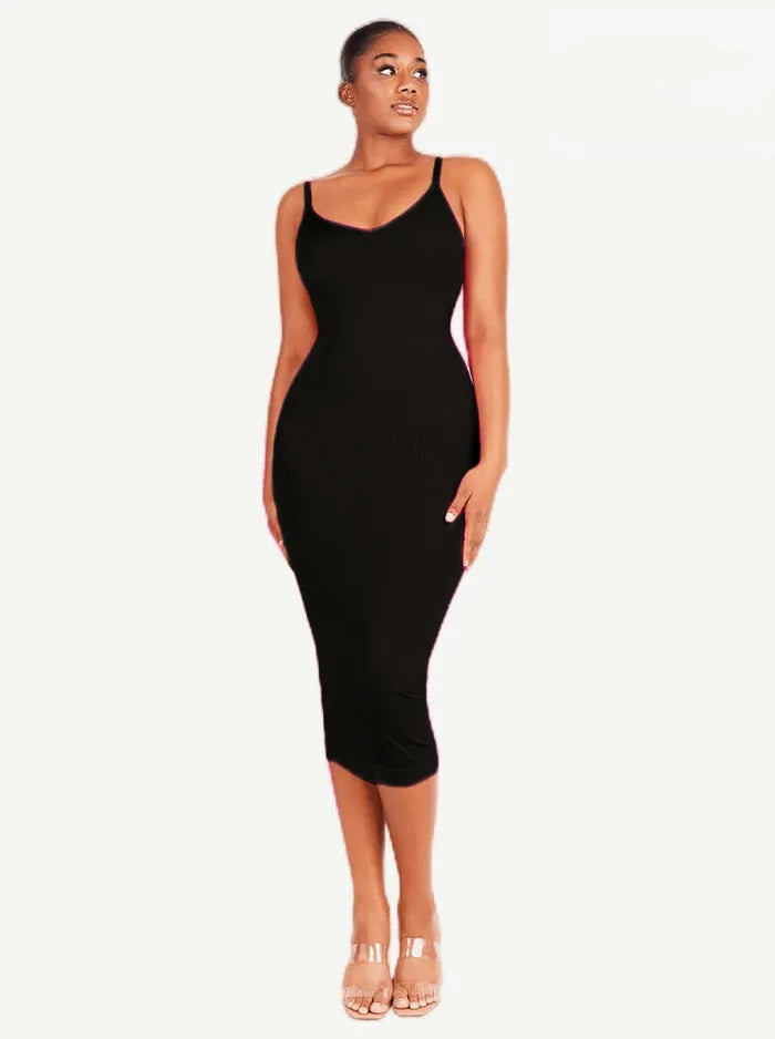 Seamless Spaghetti Strap V Neck Maxi Dress with Built-in Bodycon