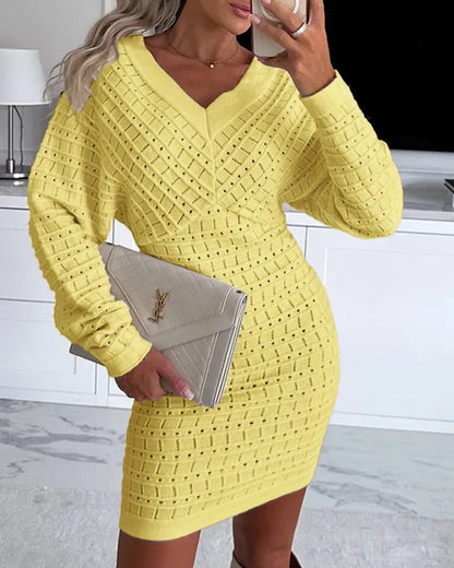 Women V Neck Knit Sweater Dress Pullover Hollow Out Casual Batwing Sleeve