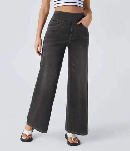 💝Last Day Promotion⚡High Waisted Multiple Pockets Baggy Wide Leg Washed Stretchy Knit Casual Jeans