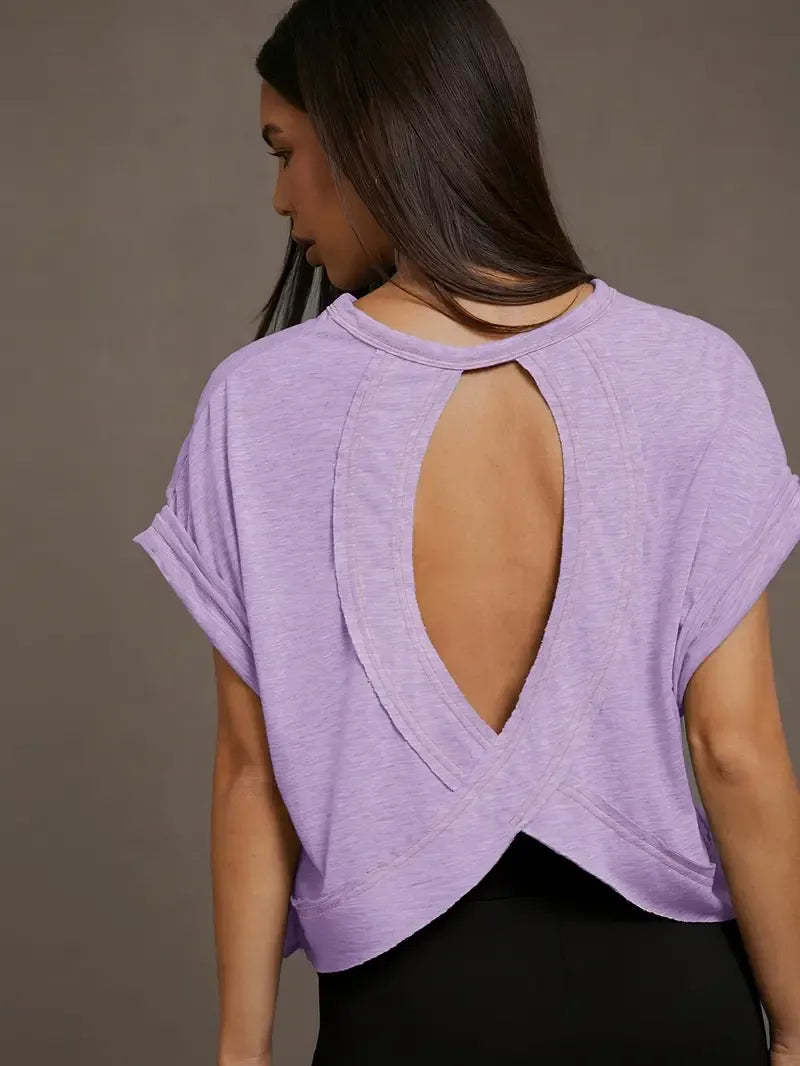 Women's Plain Cut Out Asymmetrical Hem Batwing Sleeve Tee, Elegant Casual Short Sleeve Round Neck T-Shirt for Summer, Ladies Clothes for Daily Wear
