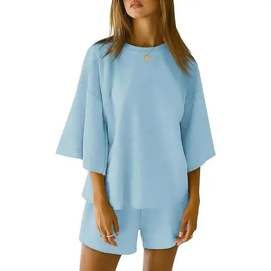 Pajama Sets 3/4 Sleeve Oversized Tops And Elastic Waist Shorts