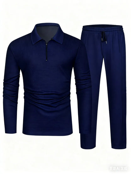 Men's Solid Textured Long Sleeve Polo Shirt & Drawstring Waist Pants Set