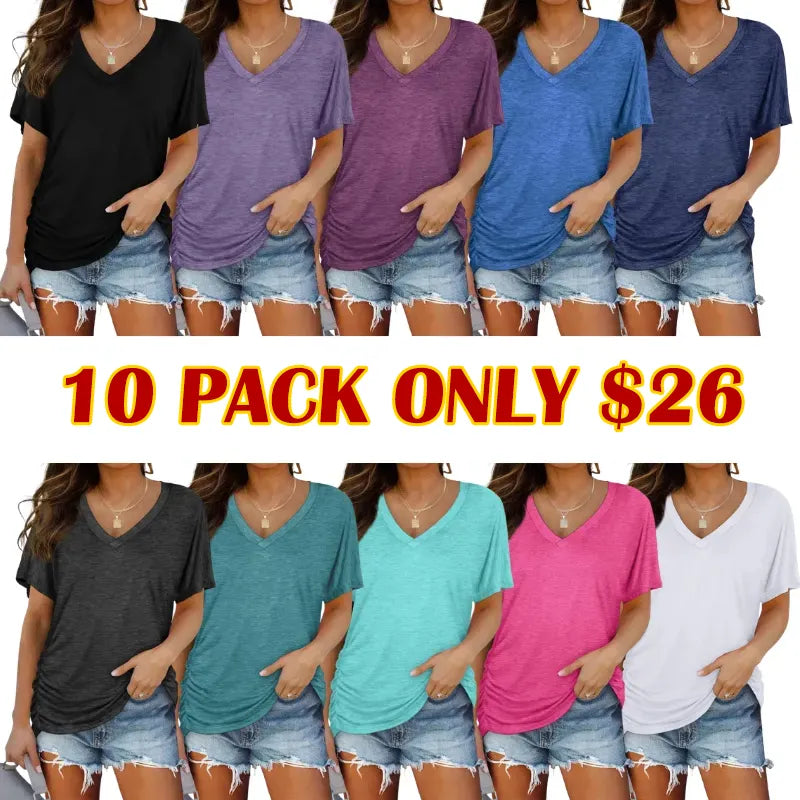 Womens Short Sleeve V Neck Dolman Tops with Side Shirring