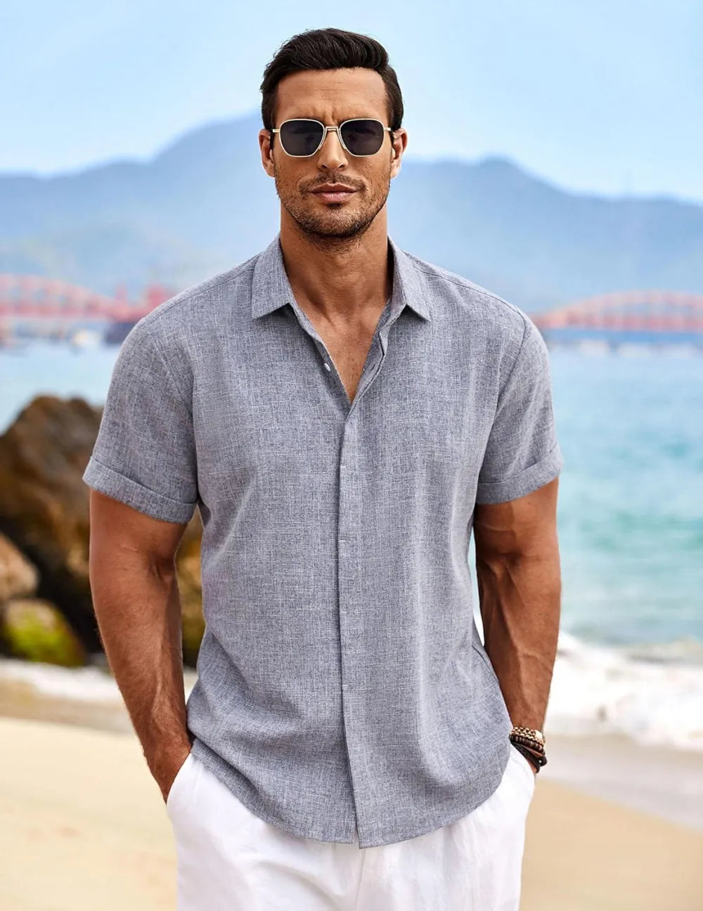 Men's Linen Shirts Short Sleeve Casual Shirts Button Down Shirt for Men Beach Summer Wedding Shirt
