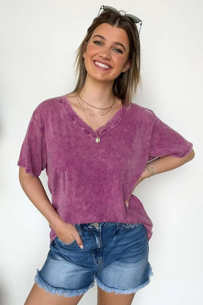 Soliel Acid Wash V-Neck Relaxed Fit Top - BACK IN STOCK