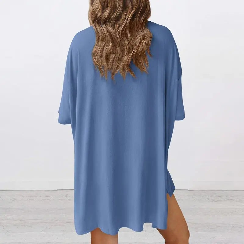 Women's Casual Oversized Crewneck Split Hem Shirts & Side Pocket Shorts Set