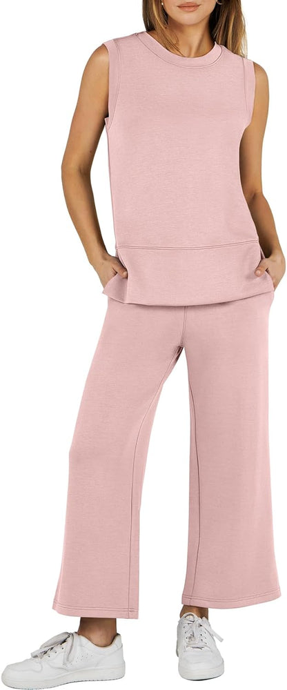 Women's 2 Piece Sets Summer Outfits Sleeveless Wide Leg Tracksuits Casual Sweat Sets Lounge Sweatsuits