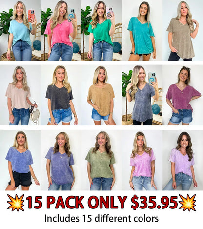 Soliel Acid Wash V-Neck Relaxed Fit Top - BACK IN STOCK