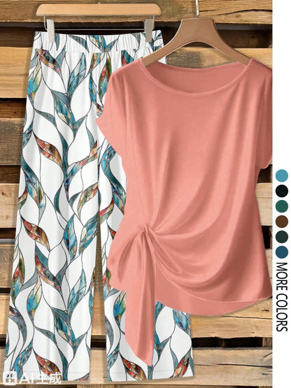 Women's Casual Printed Necktie Shirt and Loose Straight Pants Two-Piece Set