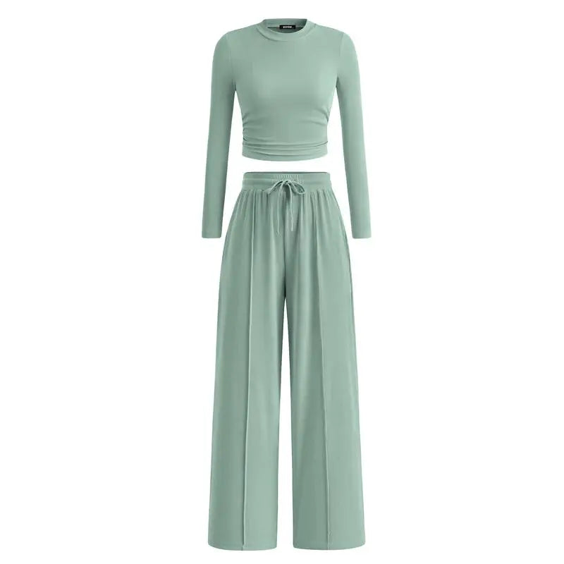 ✨2-Piece Ribbed Knit Long Sleeve Crop Top Wide Leg Pants Lounge Set🔥