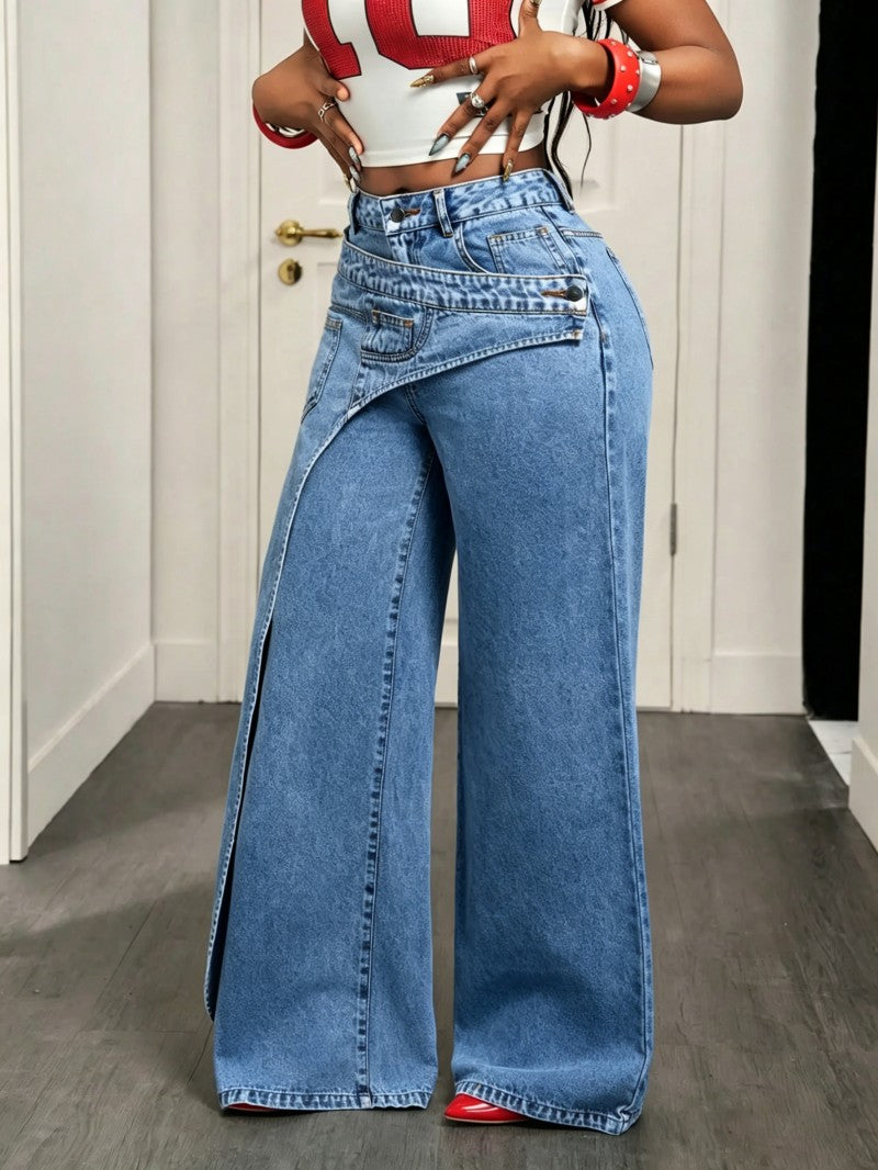 🔥MID YEAR SALE🔥Women's Loose-Fitting Trendy Asymmetrical Design Casual Denim Long Pants