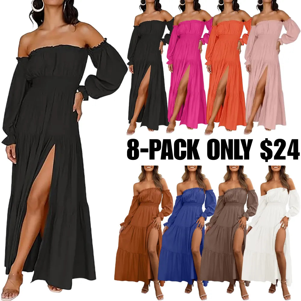 Women's Boho Off Shoulder Long Sleeve High Waist Side Split Long Maxi Dress