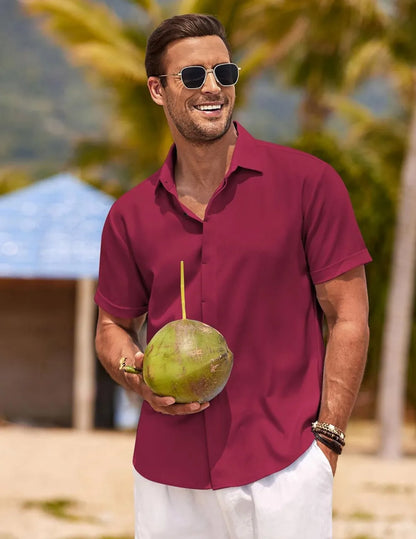 Men's Linen Shirts Short Sleeve Casual Shirts Button Down Shirt for Men Beach Summer Wedding Shirt