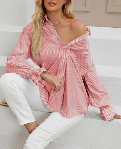 Women's Striped Button Down Shirts Smocked Cuffed Boyfriend Shirt Long Sleeve Blouse Top with 3 Pockets