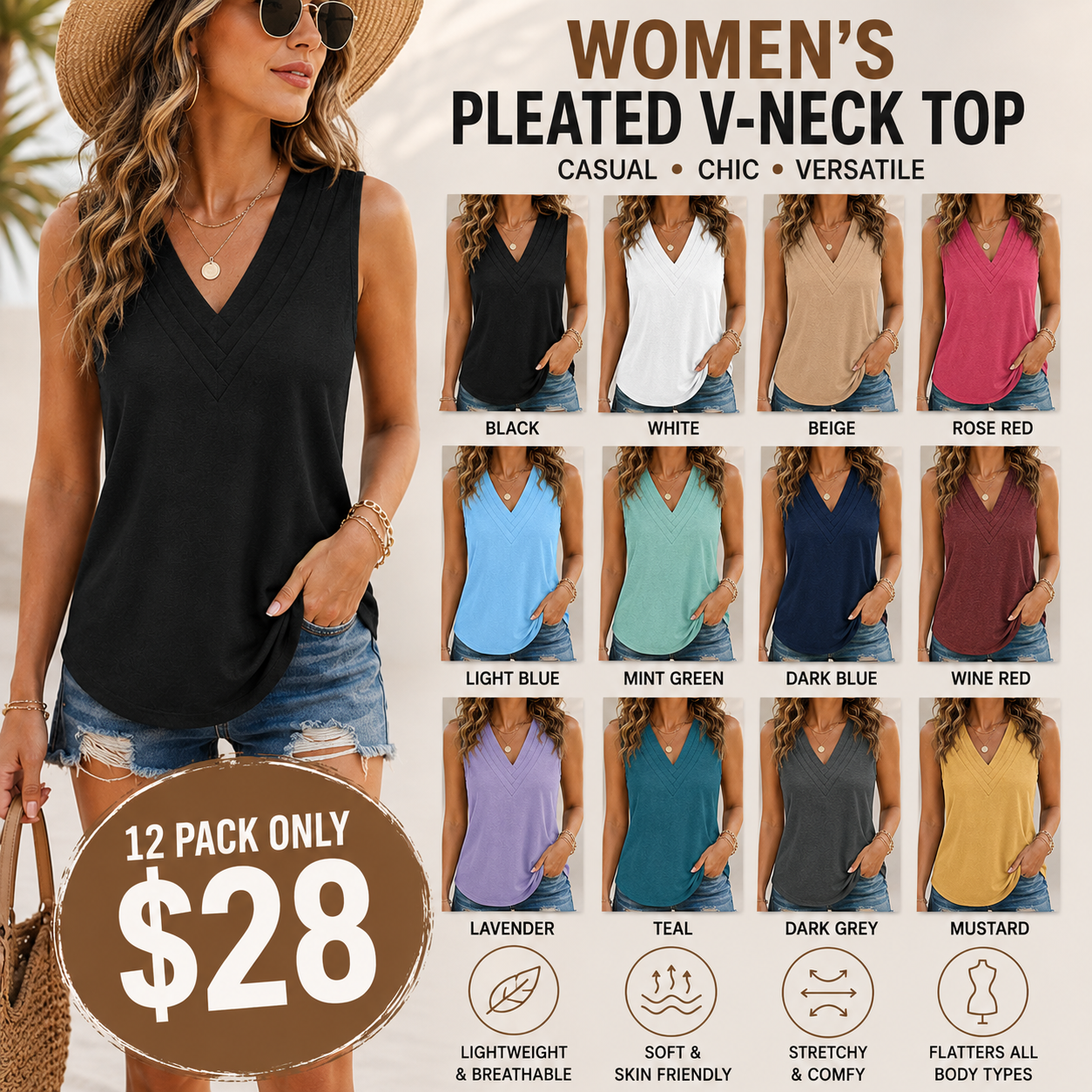 Women V Neck Tank Tops Dressy Casual Summer Loose Fit Sleeveless Shirts