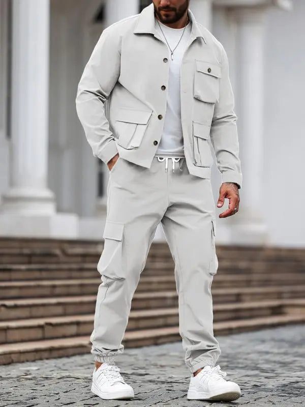 Men's Solid Color Pocket Button Front Shirt & Pants Two-Piece Set