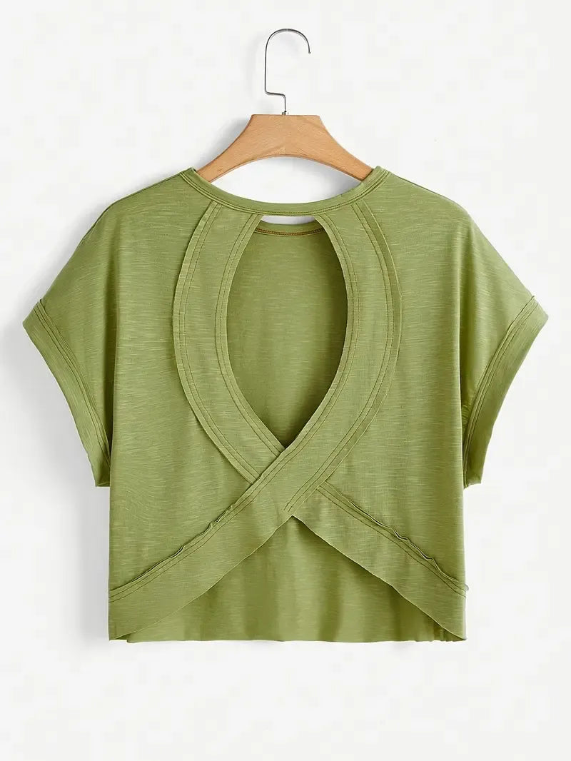 Women's Plain Cut Out Asymmetrical Hem Batwing Sleeve Tee, Elegant Casual Short Sleeve Round Neck T-Shirt for Summer, Ladies Clothes for Daily Wear