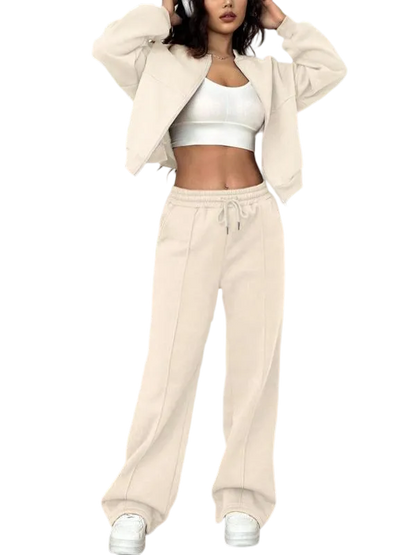 Two-piece Set Women's Solid Zip Up Drop Shoulder Jacket & Pocket Elastic Waist Pants