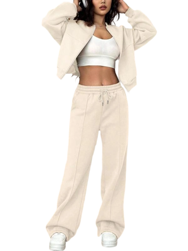 Two-piece Set Women's Solid Zip Up Drop Shoulder Jacket & Pocket Elastic Waist Pants