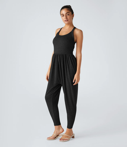 💝Last day promotion-⏰Backless Twisted U Neck Side Pocket Harem Casual Jumpsuit-Easy Peezy Edition