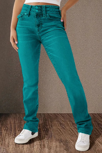 Double Button Mid Waist Straight Leg Jeans
