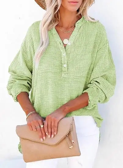 Womens Casual Button V Neck Long Sleeve Shirts Oversized Solid Blouses Tops
