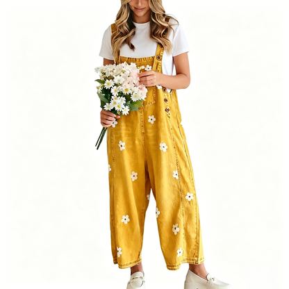 🔥Flash Sale🔥Women's Floral Printed Adjustable Strap Denim Bib Overall - Cute Chic Wide Leg Baggy Jeans Jumpsuit, Versatile Clothes for Matching Shirts