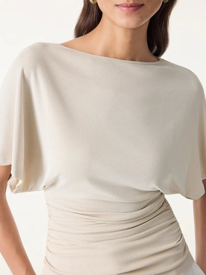 Effortless Boatneck Batwing Sleeve Side Ruched Top
