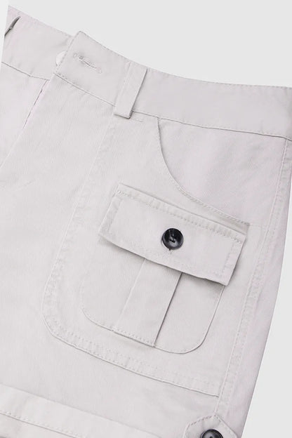 Flap Pocket Roll Tab Hem Mid Waist Shorts