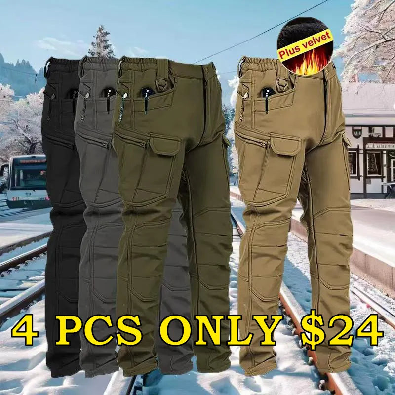 Men’s Soft Shell Tactical Pants: Fleece-Lined, Multi-Pocket, Windproof Warm (Fall/Winter)