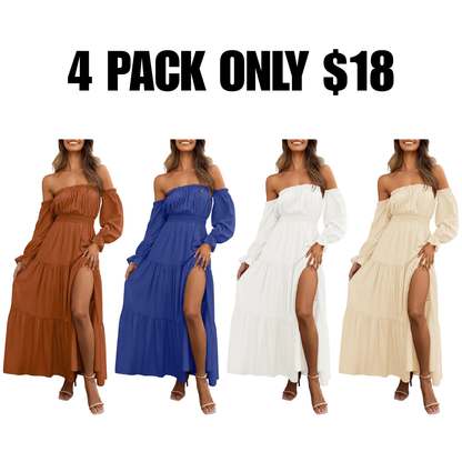 Women's Boho Off Shoulder Long Sleeve High Waist Side Split Long Maxi Dress