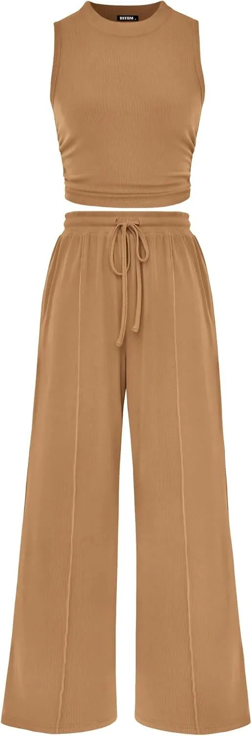Women Summer 2 Piece Outfits 2026 Beach Crew Neck Sleeveless Cropped Top Elastic Waist Wide Leg Pants Lounge Set
