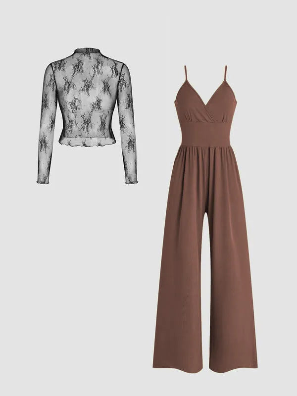 🎉Hot selling items-Women's solid color lace t-shirt and pocket jumpsuit two-piece set