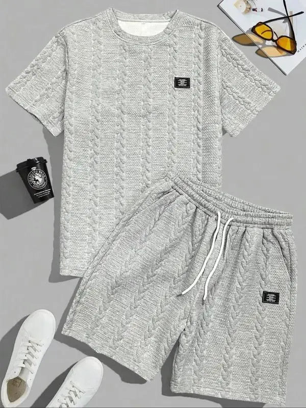 Men's Knit Casual Textured Patch Tee & Drawstring Shorts Set