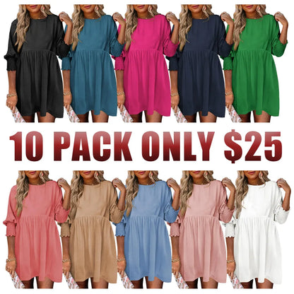 Women's Black Crew Neck Short Sleeve Flowy Swing Mini Tunic Dress