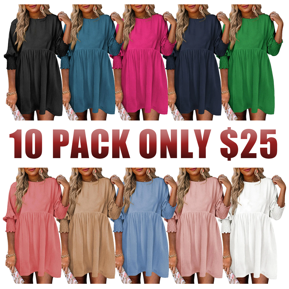 Women's Black Crew Neck Short Sleeve Flowy Swing Mini Tunic Dress