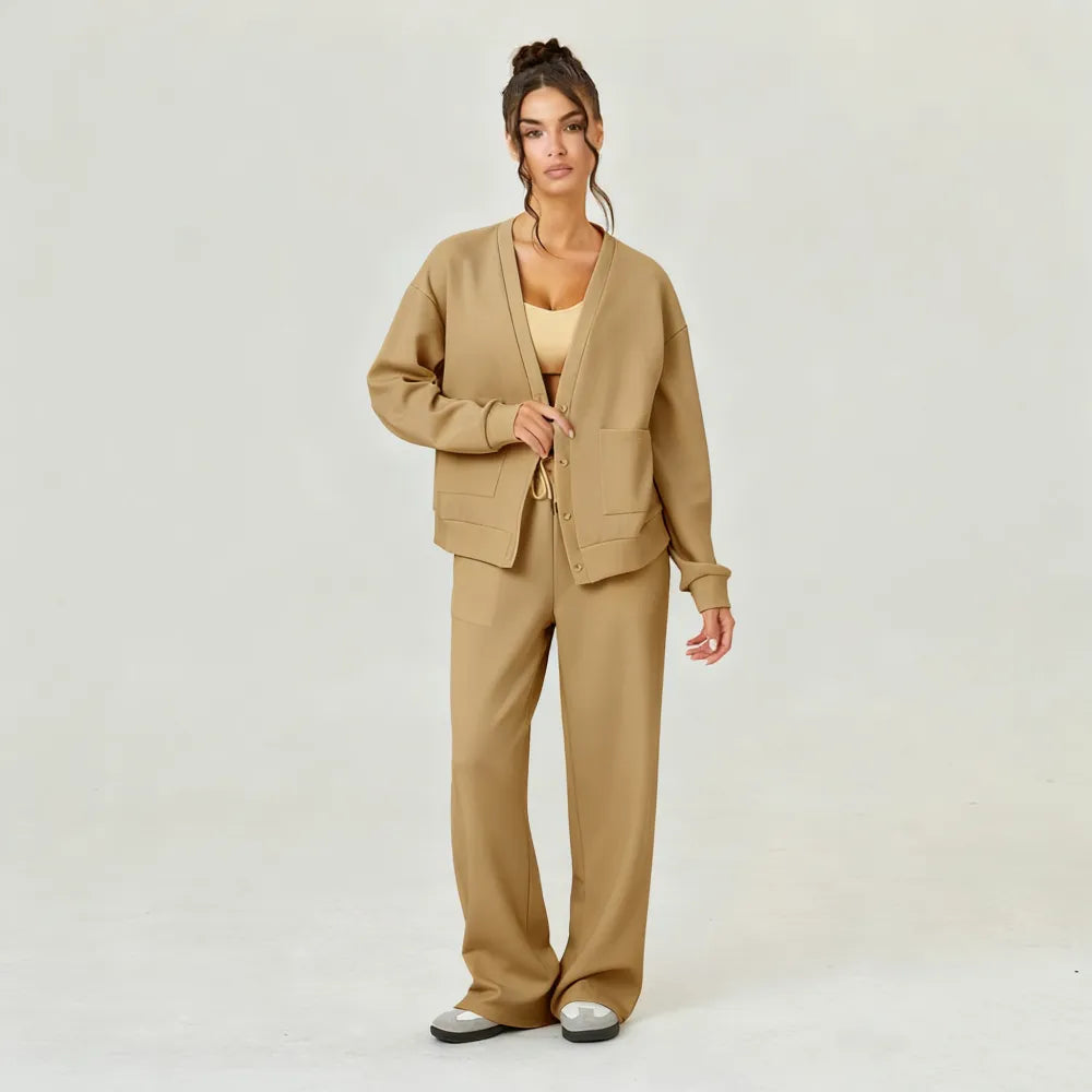 Women's Slouchy Solid Color V Neck Long Sleeve Button Cardigan & Drawstring Waist Trousers Co-ord