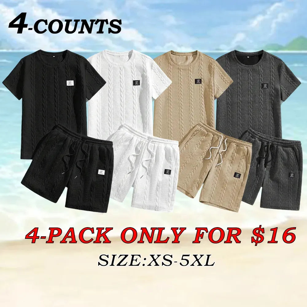 Men's Knit Casual Textured Patch Tee & Drawstring Shorts Set