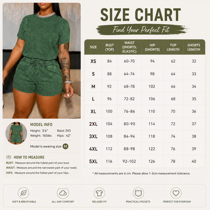 Women's Acid Wash Lounge Set – Casual Short Sleeve Tee & Drawstring Shorts Two Piece Outfit with Pockets, Soft Lightweight Summer Matching Set