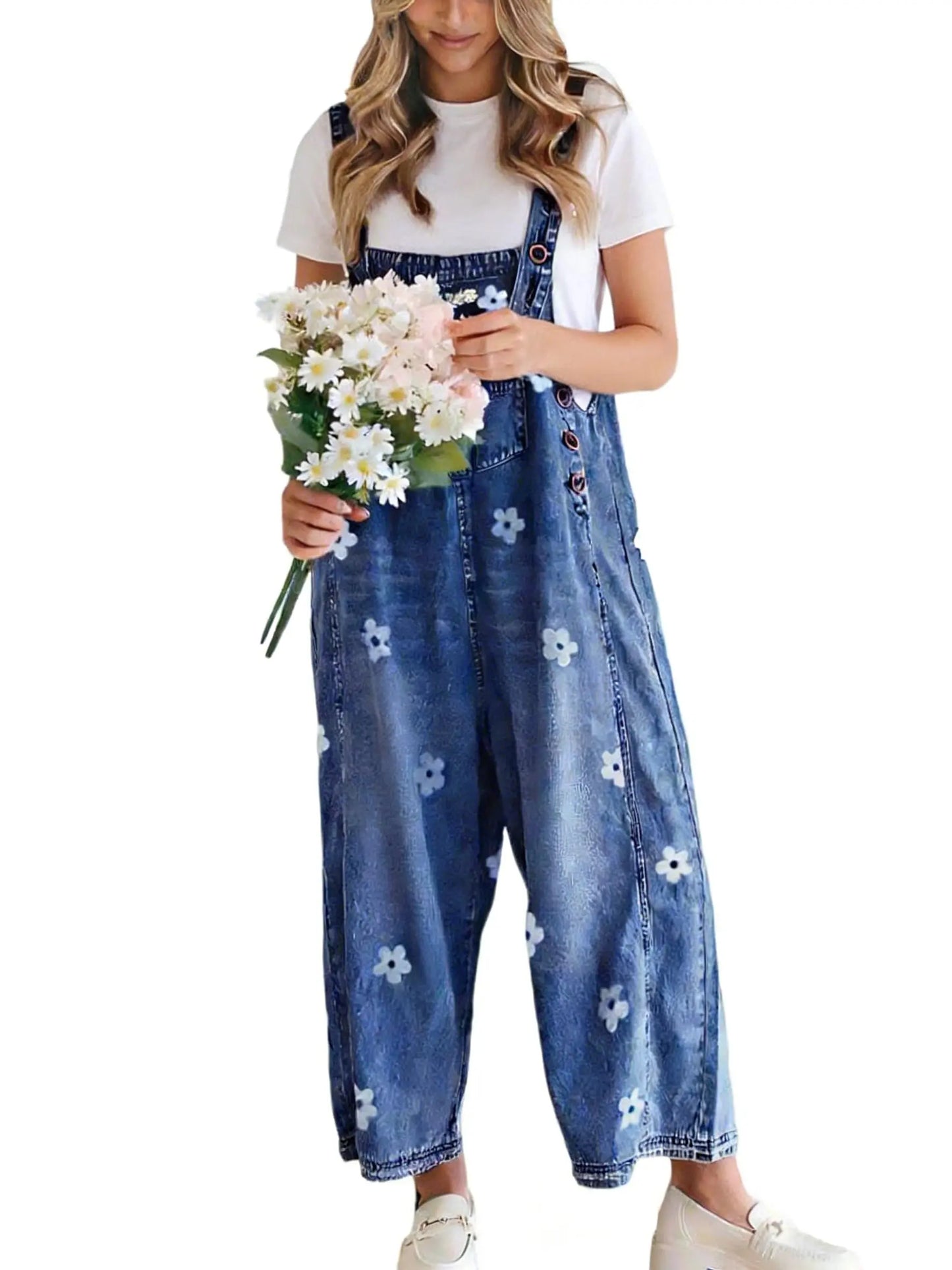 🔥Flash Sale🔥Women's Floral Printed Adjustable Strap Denim Bib Overall - Cute Chic Wide Leg Baggy Jeans Jumpsuit, Versatile Clothes for Matching Shirts