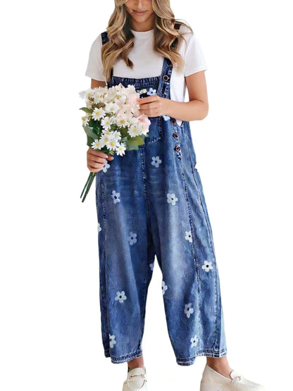 🔥Flash Sale🔥Women's Floral Printed Adjustable Strap Denim Bib Overall - Cute Chic Wide Leg Baggy Jeans Jumpsuit, Versatile Clothes for Matching Shirts