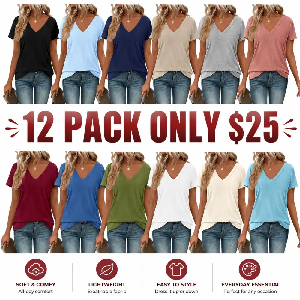 Women's Casual V-Neck Oversized Short Sleeve Loose Basic Tees