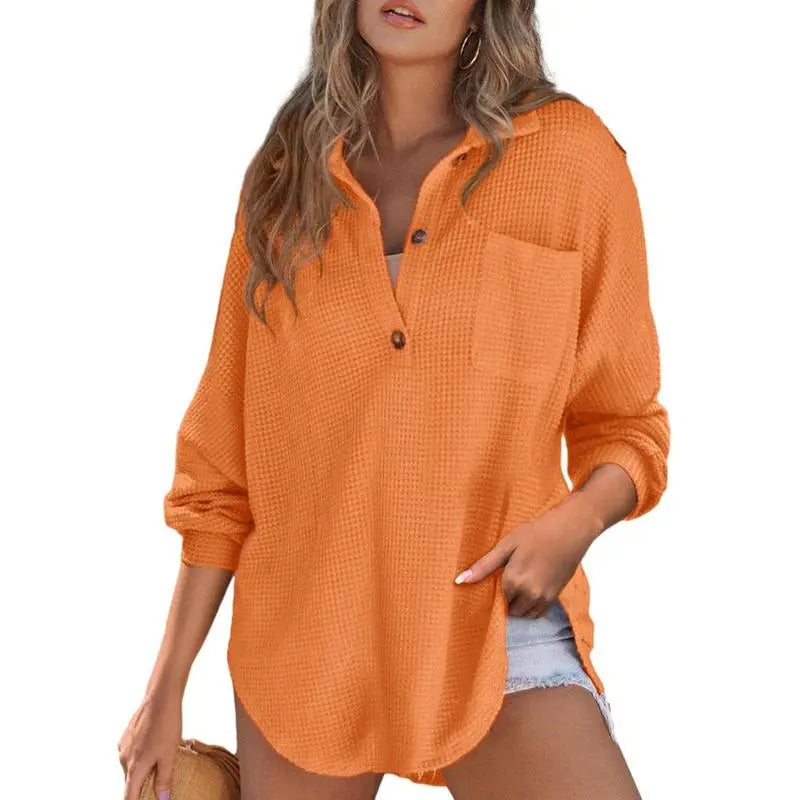 Women's Oversized Henley Waffle Shirts Tops