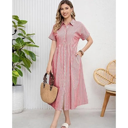 Women's loose-fitting midi striped shirt dress